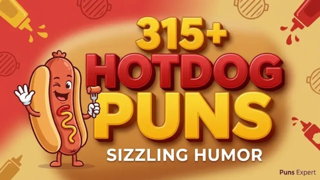 Bold 3D typography displaying 315+ Hotdog Puns with a cheerful cartoon hotdog mascot and Puns Expert watermark.