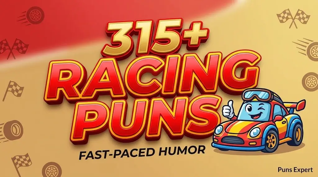 Bold 3D typography displaying 315+ Racing Puns with a cheerful cartoon race car mascot and Puns Expert watermark.
